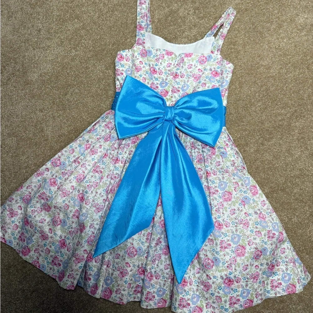 Girl’s Handmade‎ Floral Dress with Blue Bow, | Vintage Aesthetic | Size 5